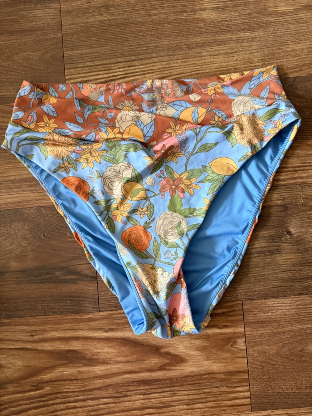 Floral High-Waist Bikini Bottom in Blue and Orange